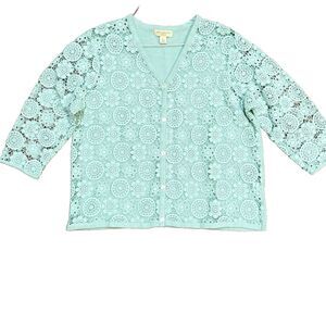 Appleseeds Cardigan Sweater Spring Sweater Mint Green Crochet PETITE LARGE PL